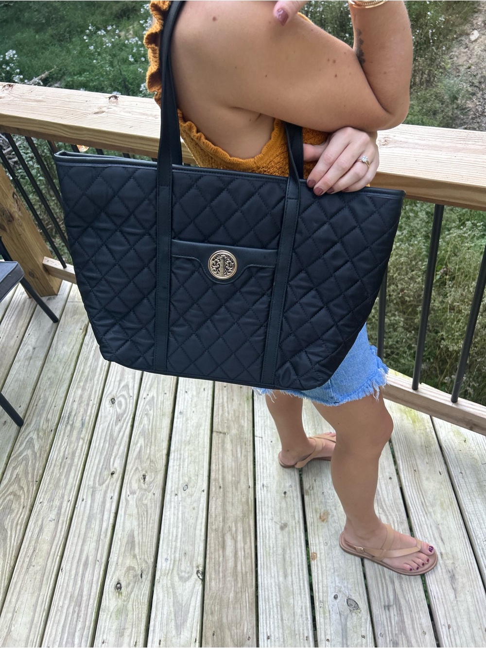 Tory Burch Black Quilted Nylon Large Tote Bag Gold Logo - Picture 6 of 6